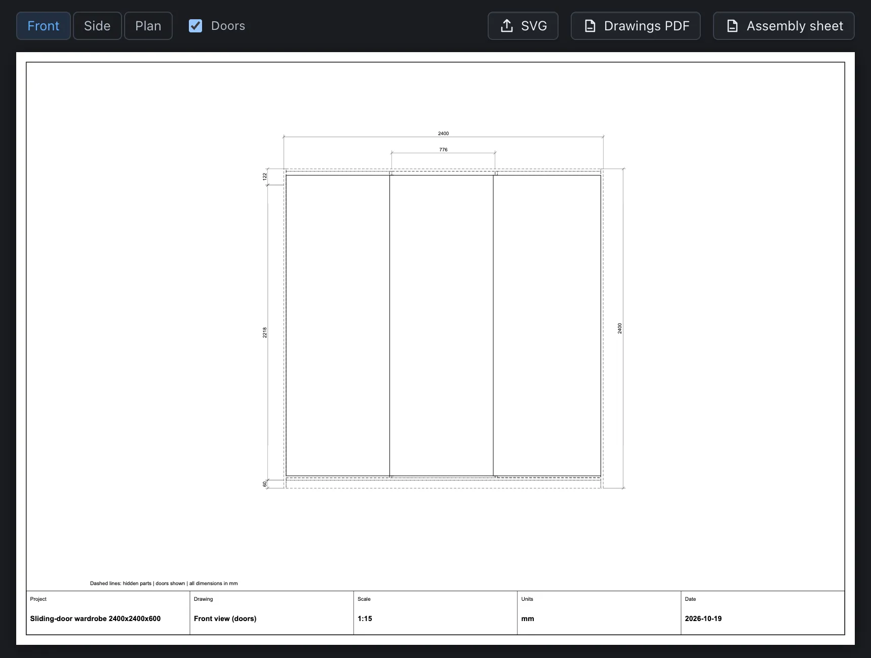 A dimensioned front drawing of a wardrobe on a titled sheet at scale 1:15.
