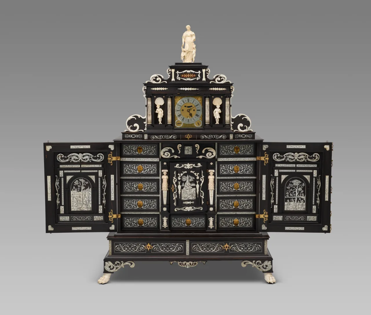 Ebony cabinet with white designs and ivory figures, Augsburg, about 1640 to 1650