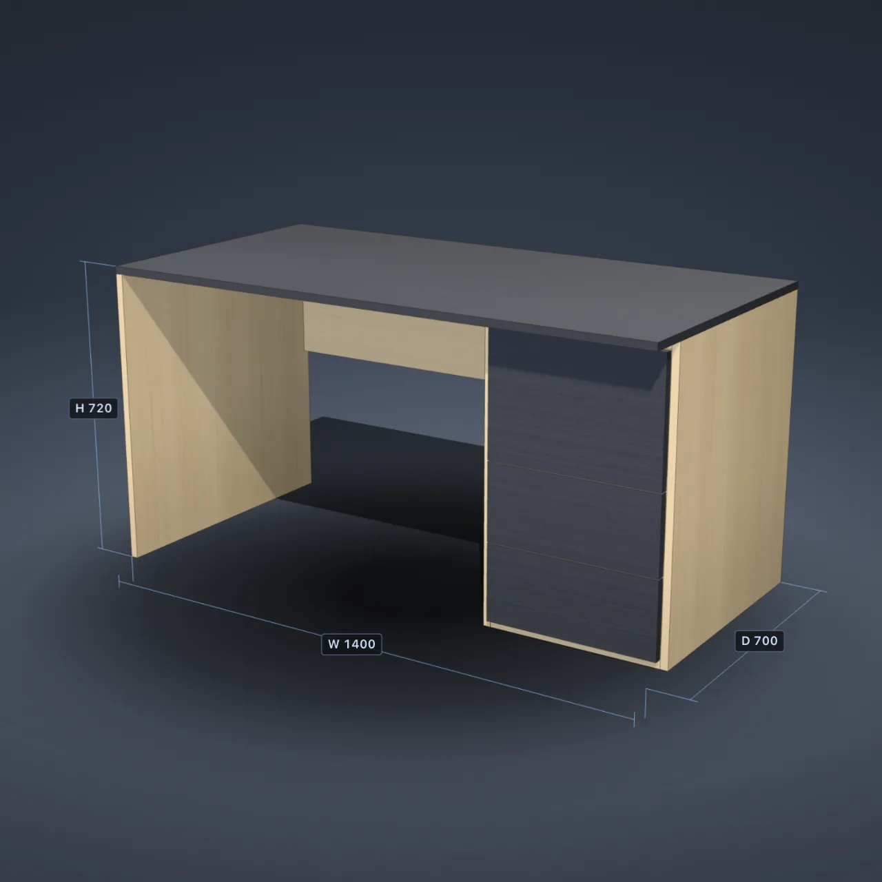 Desk with a drawer pedestal in PanelCraft, ash and anthracite decor