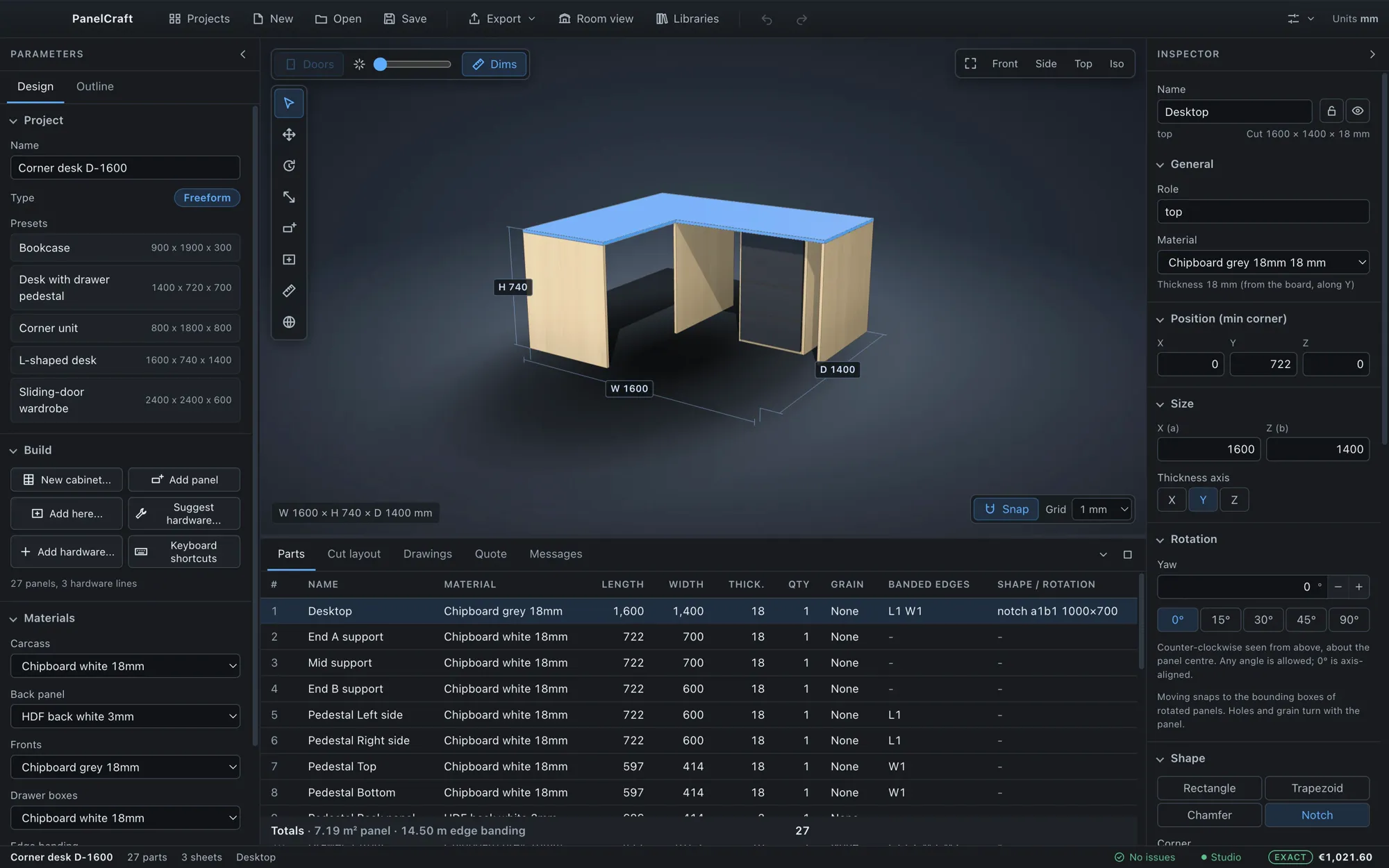 PanelCraft editor with a corner desk in 3D, a parts table listing a notched desktop and the inspector open.