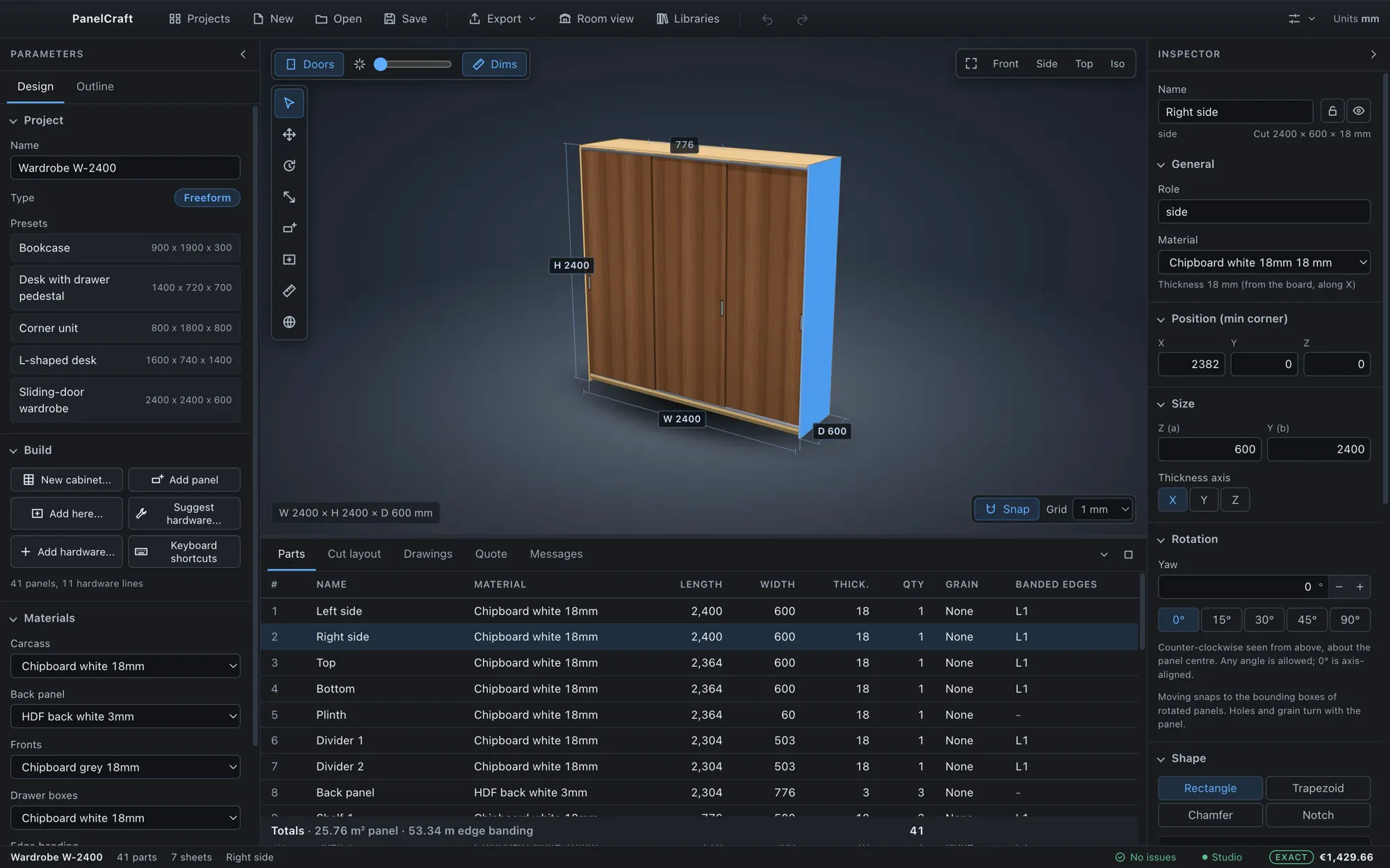 PanelCraft editor showing a sliding-door wardrobe in 3D, the parts table and the inspector for the selected side panel.