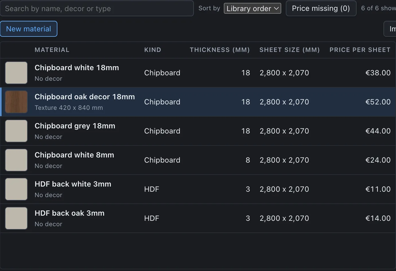 Materials list in PanelCraft with decor swatches, thickness, sheet size and price