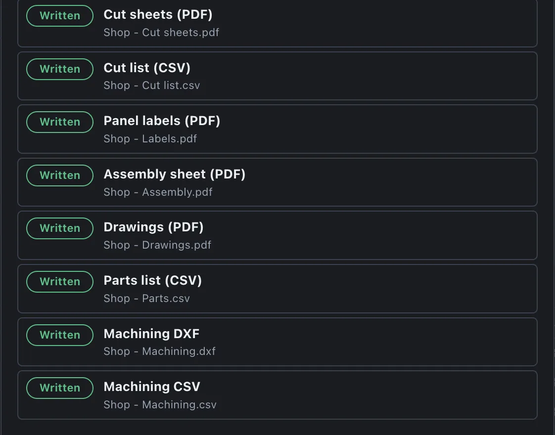 Workshop pack summary in PanelCraft listing eight files written