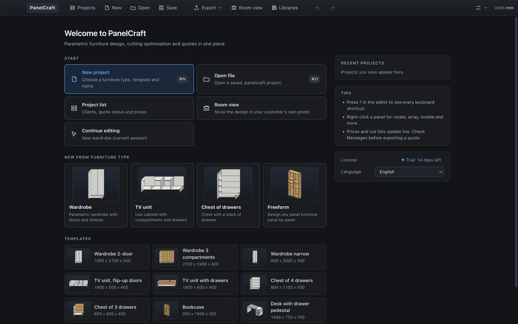 Početni ekran programa PanelCraft s opcijama Novi projekat, Otvori datoteku, vrstama namještaja i predlošcima.