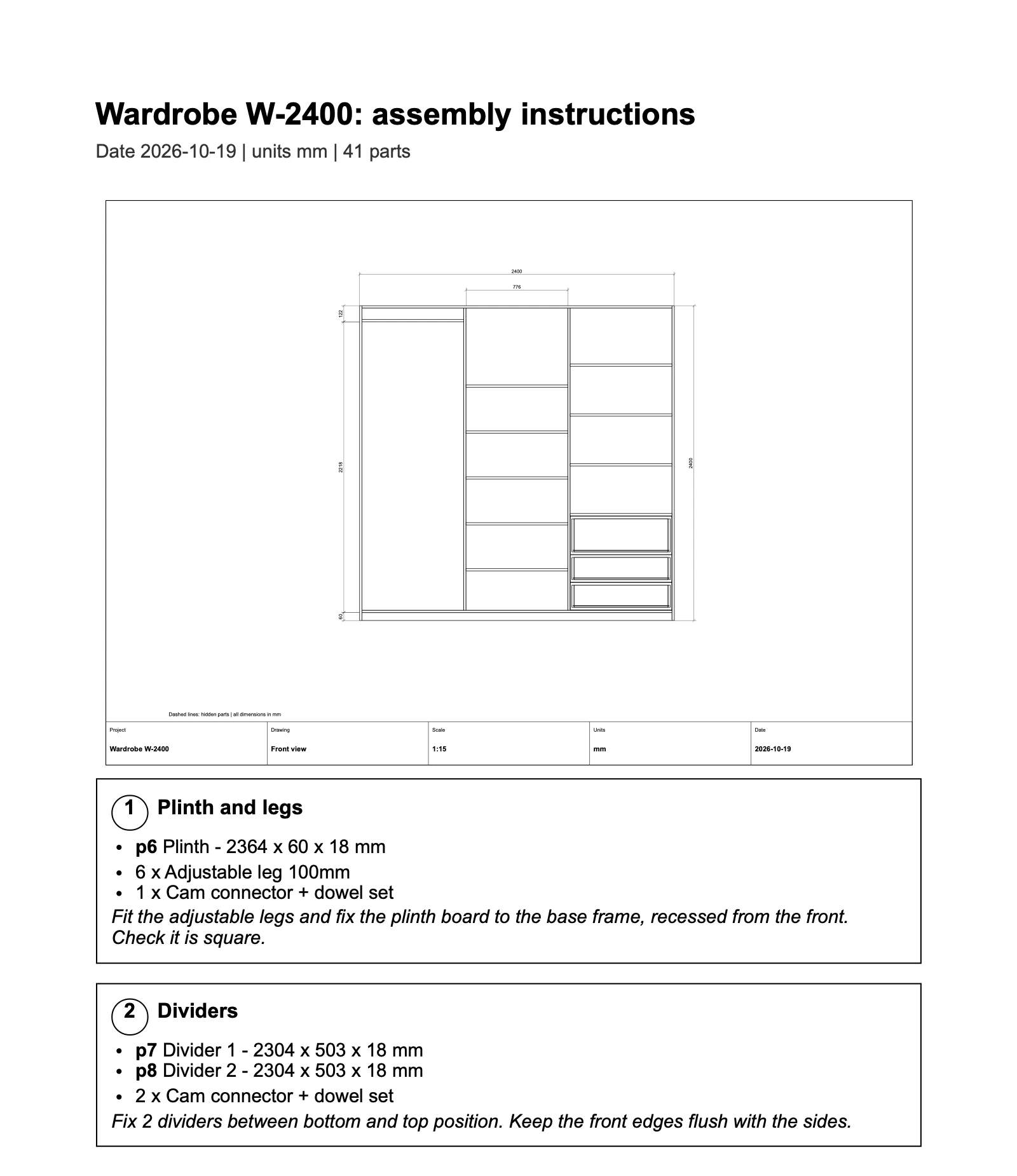 Assembly instructions page with a front view drawing and numbered steps listing parts and fittings.