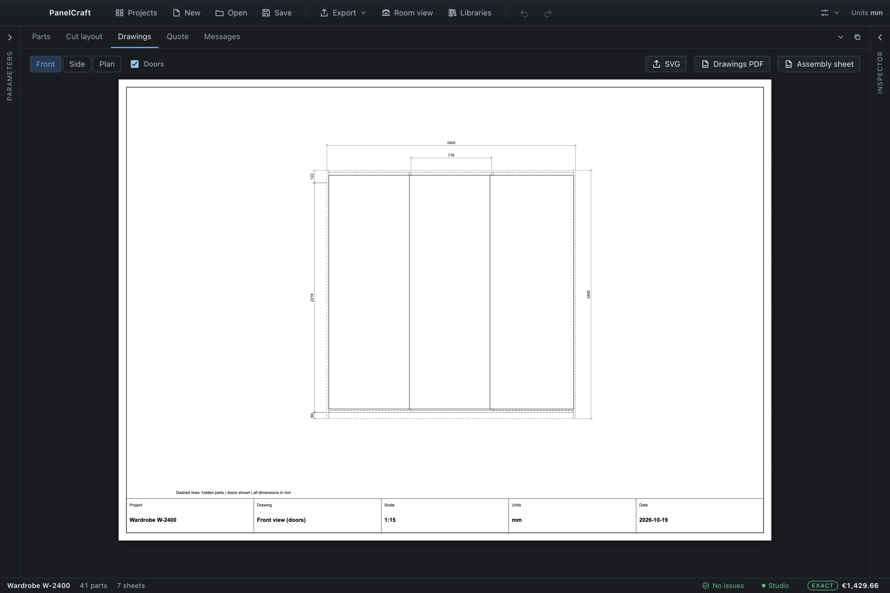 Front elevation drawing of a wardrobe with overall and compartment dimensions and a title block.