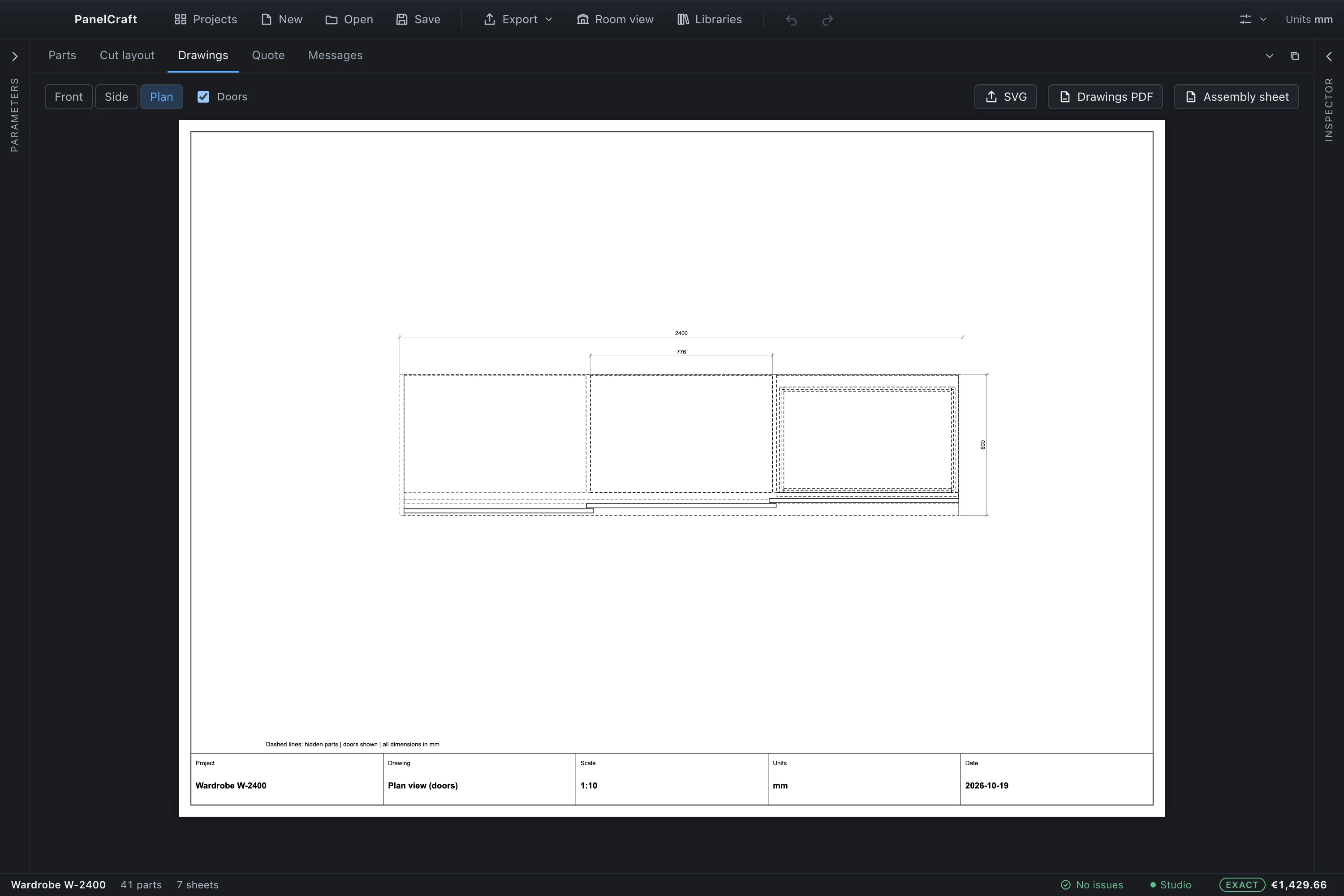 Plan view drawing of the wardrobe in the Drawings tab.