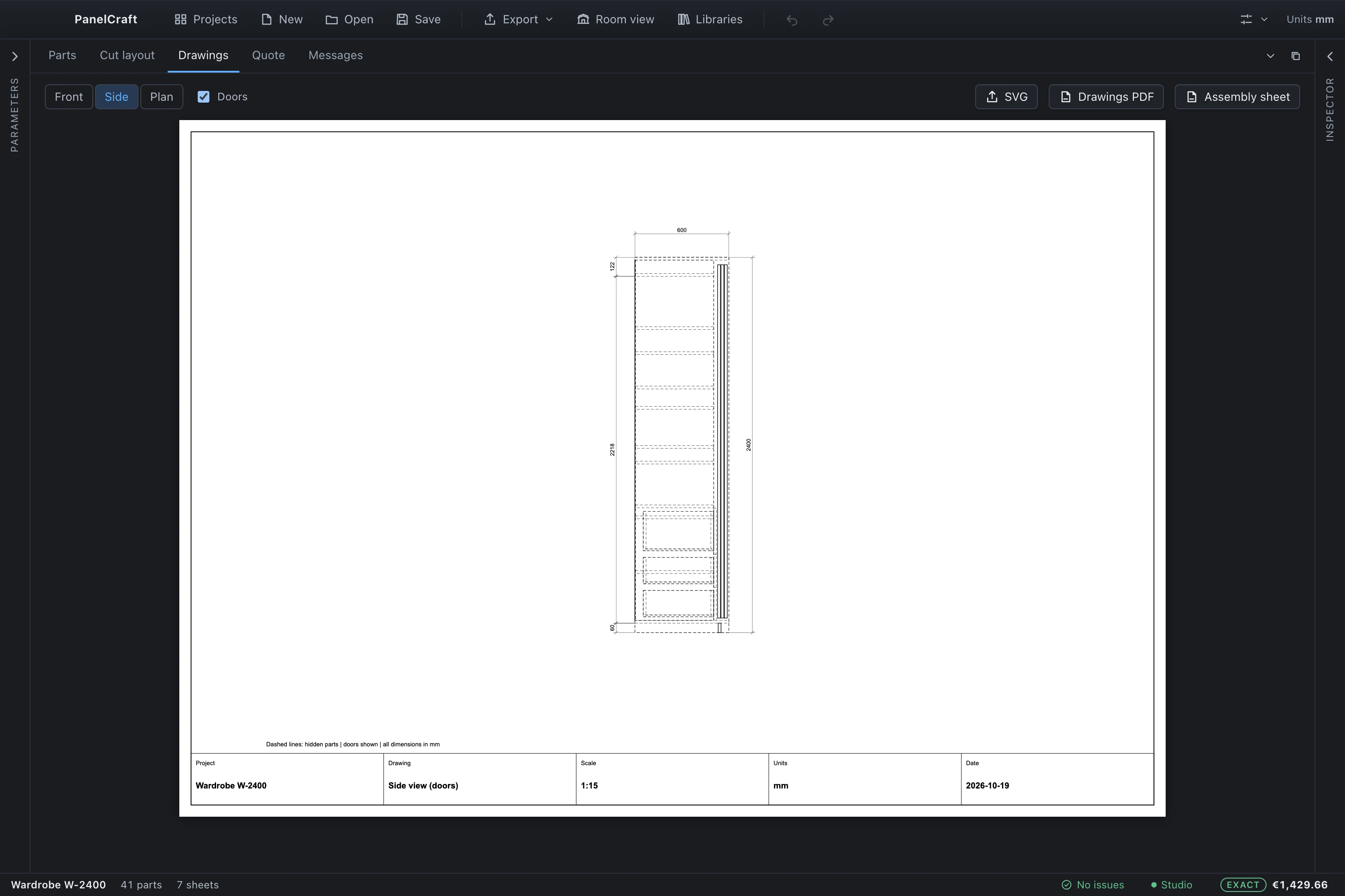 Side view drawing of the wardrobe in the Drawings tab.