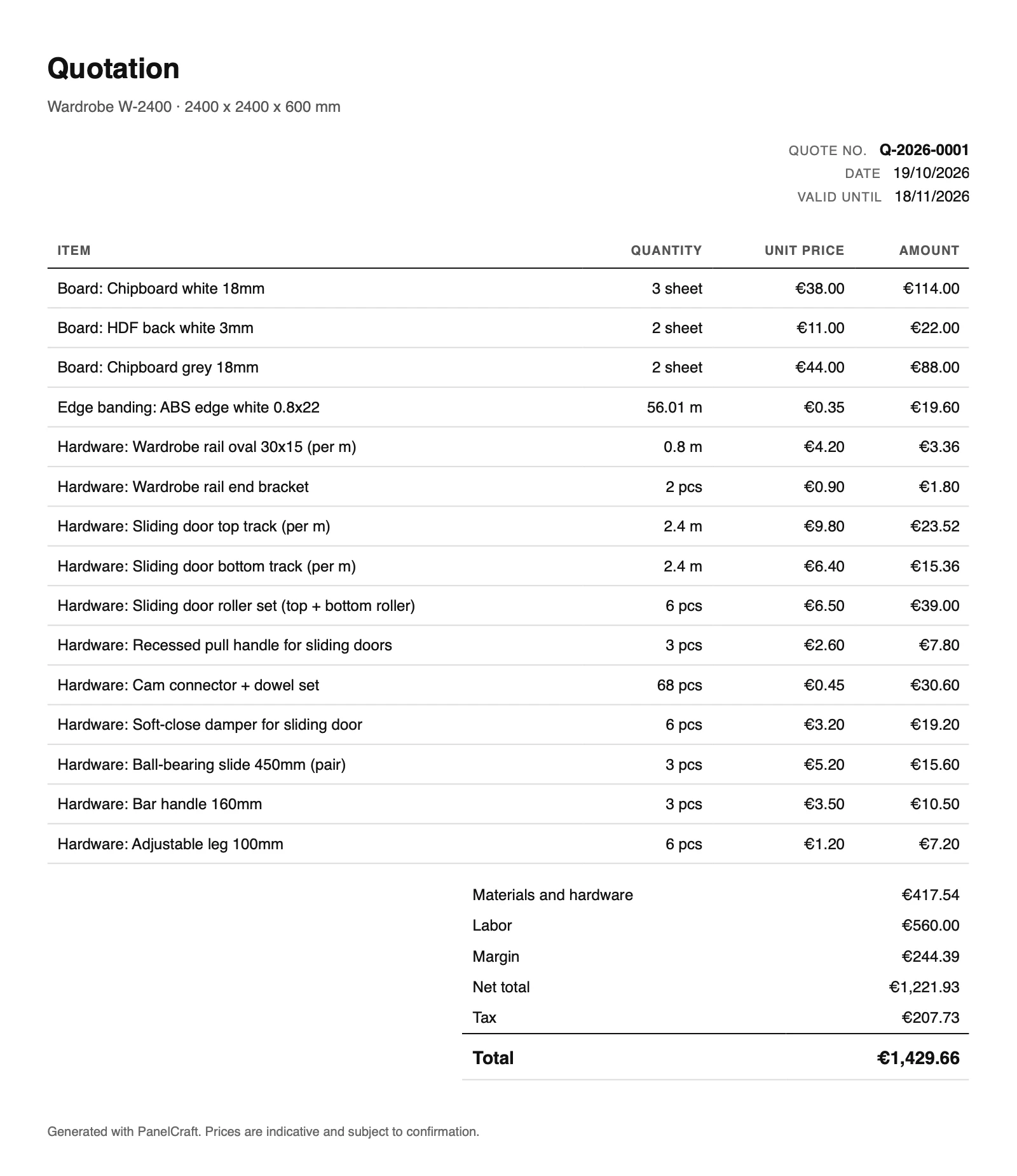 PDF ponuda sa stavkama, neto iznosom, porezom i ukupnim iznosom od 1.429,66 eura.