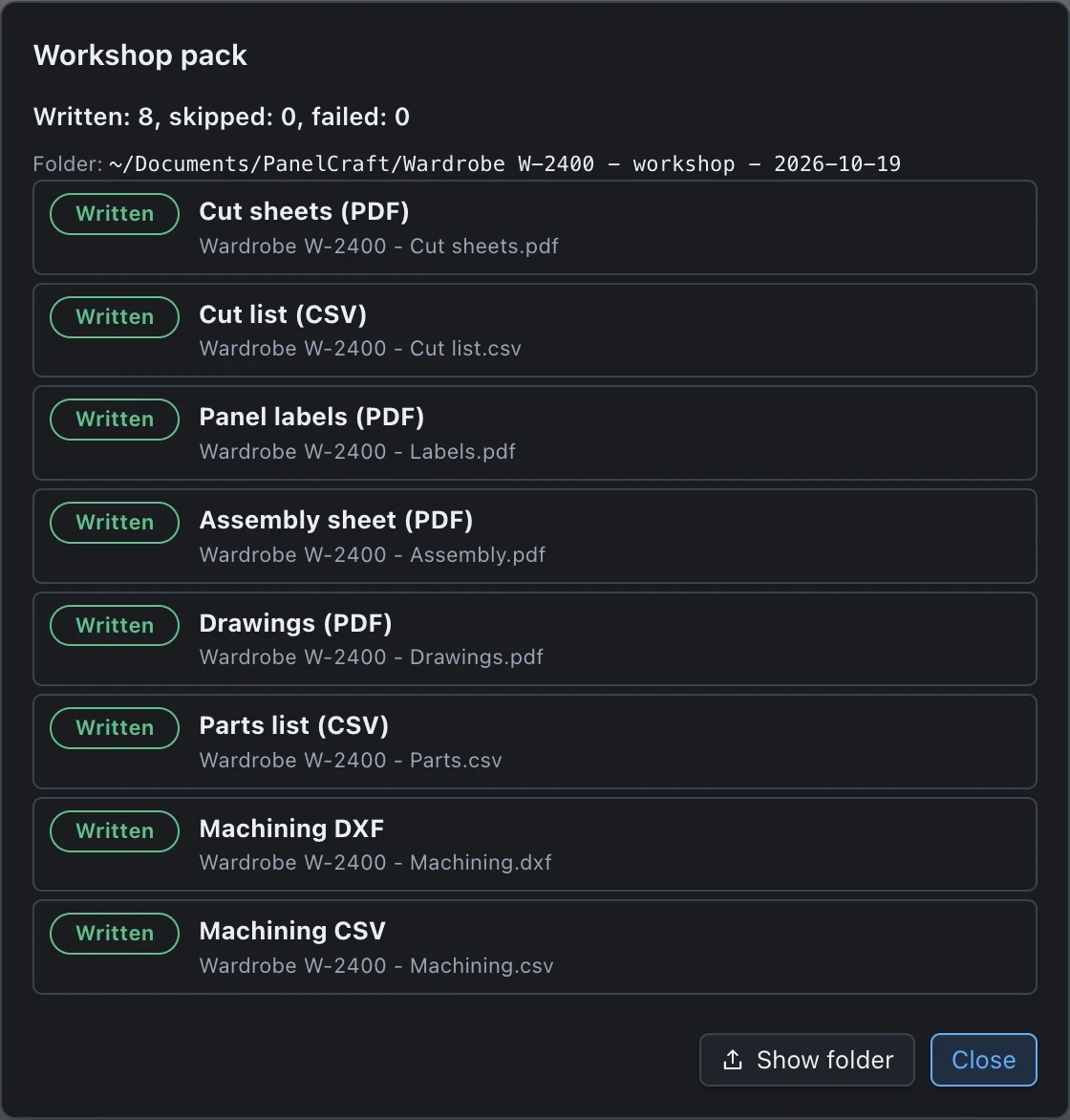 Workshop pack summary listing eight generated files, all marked written.