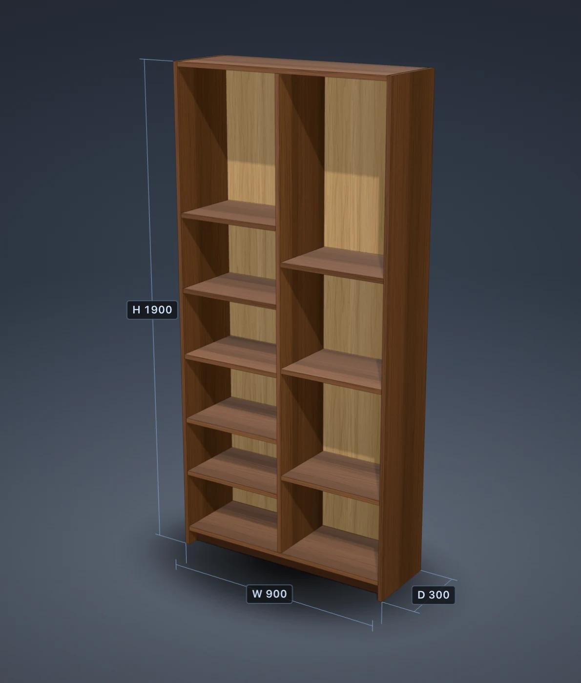 Tall walnut bookcase with ten shelf compartments and its dimensions drawn in PanelCraft.