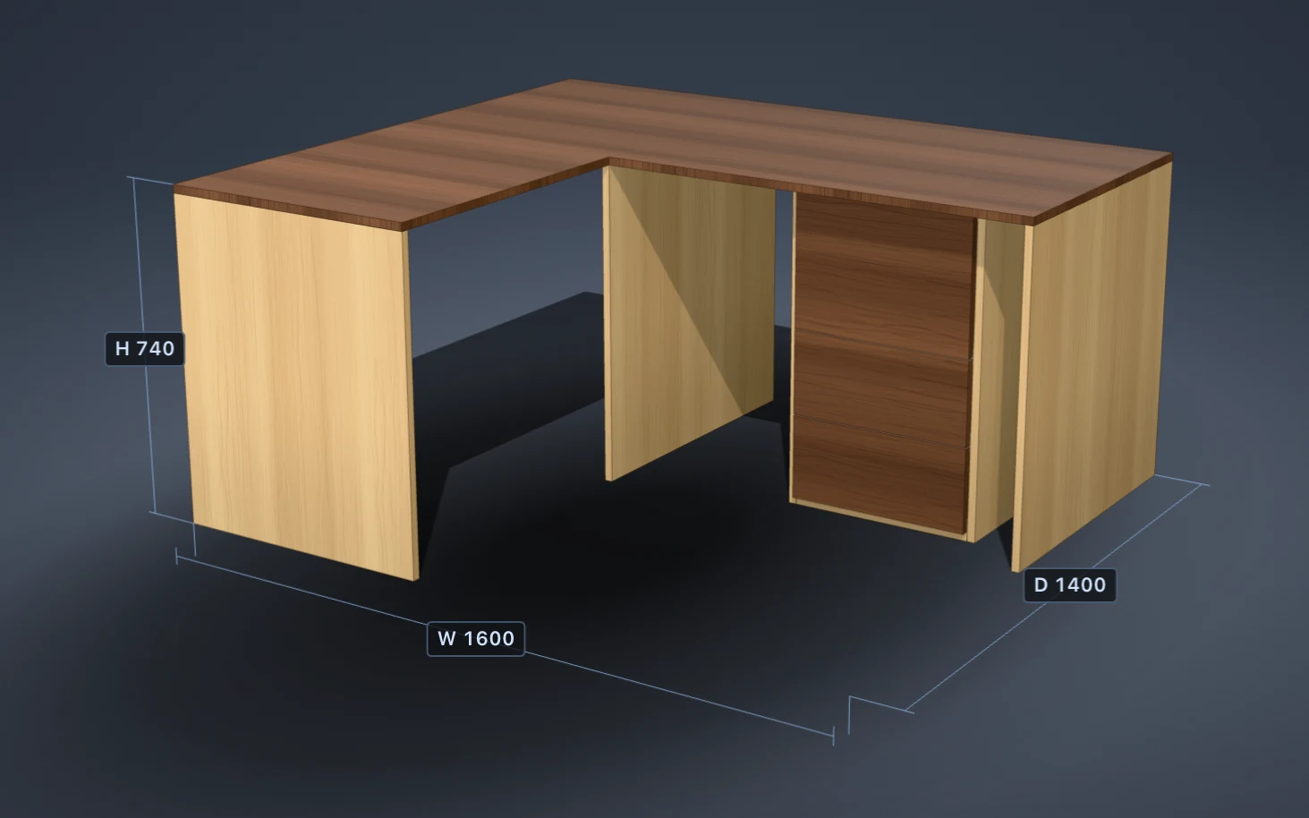 L-shaped desk with a walnut top, light oak supports and a drawer pedestal, with overall dimensions shown.