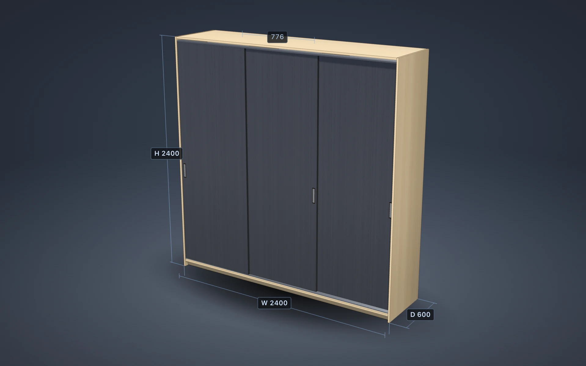 Three-door sliding wardrobe rendered in PanelCraft with an ash carcass, anthracite doors and width, height and depth dimensions.
