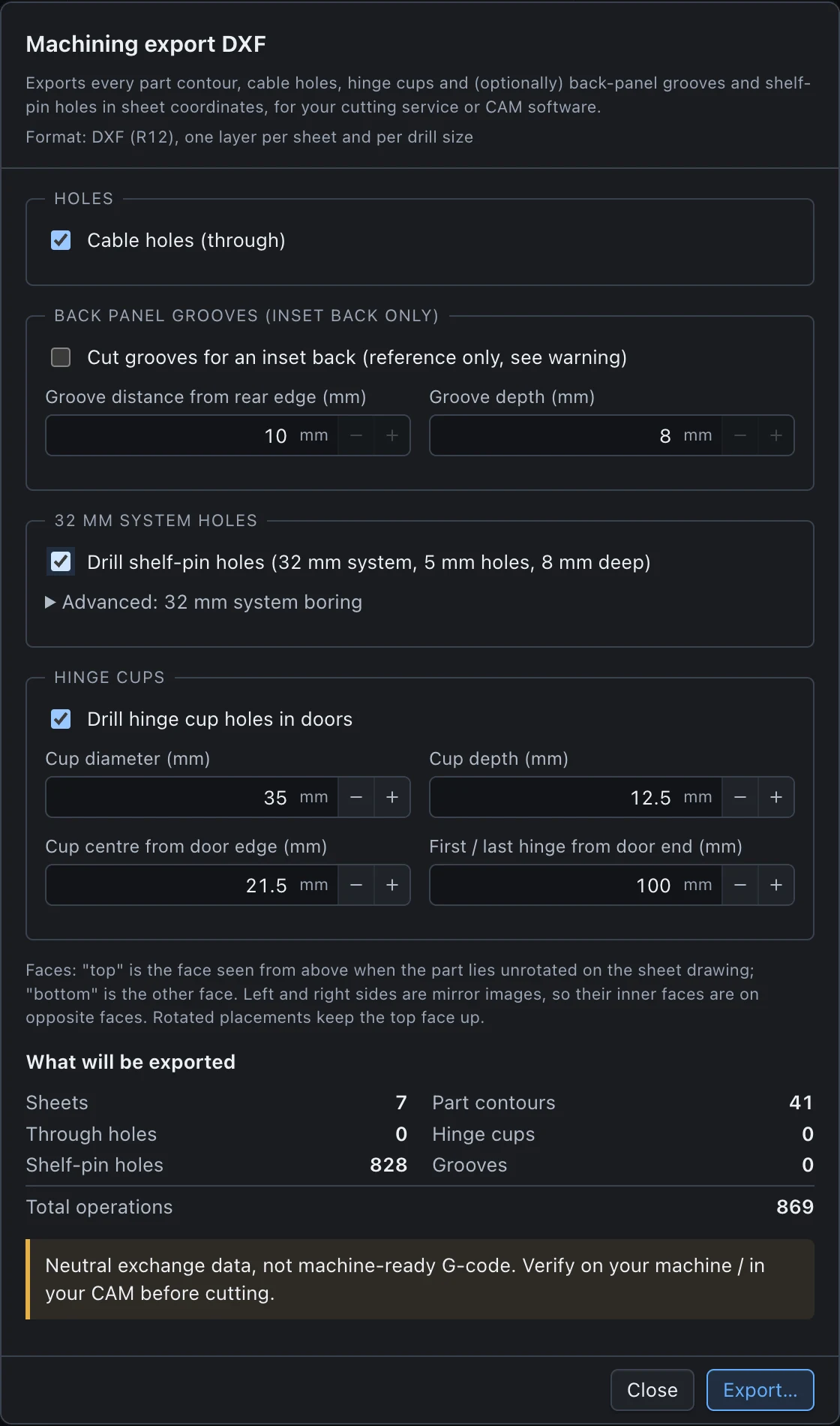 Machining export dialog with drilling options and a summary of operations to be exported.