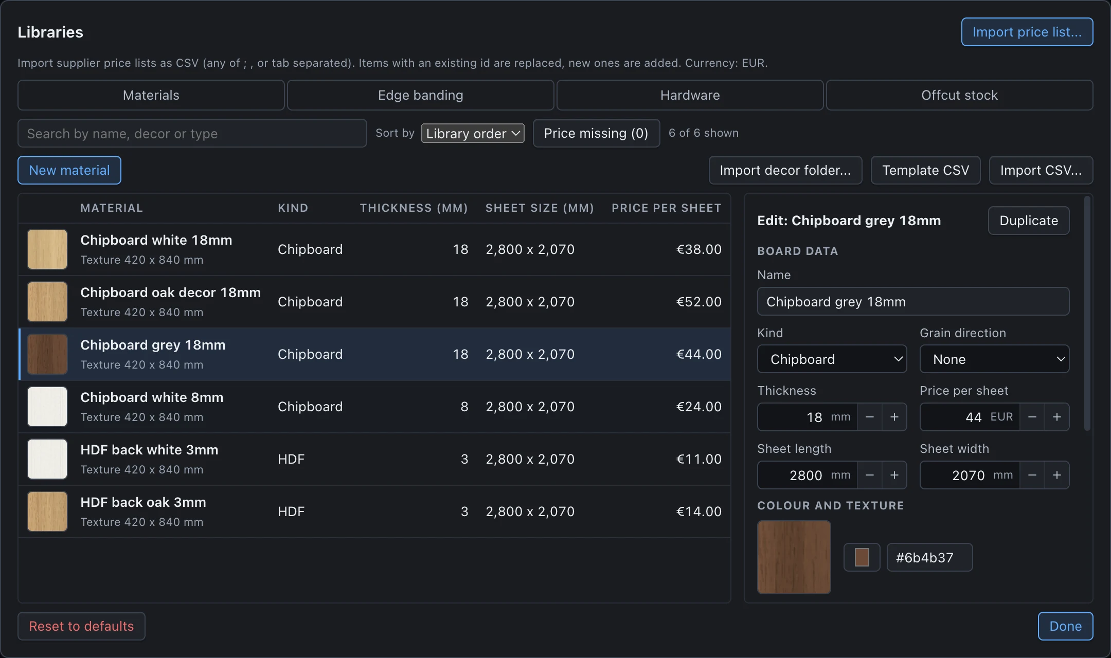 Materials dialog listing boards with wood decor swatches and an editor for price, thickness and grain.